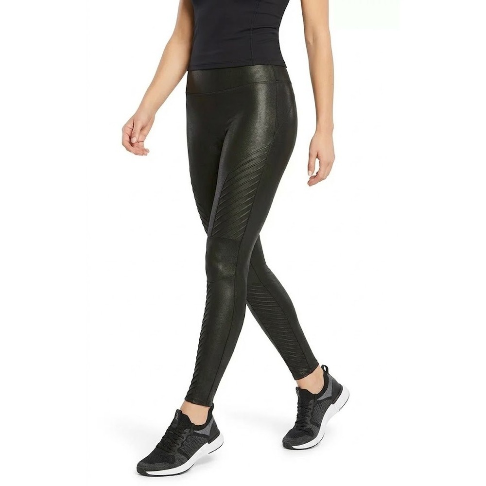 SPANX Black Quilted Moto‎ Faux Leather Leggings XS